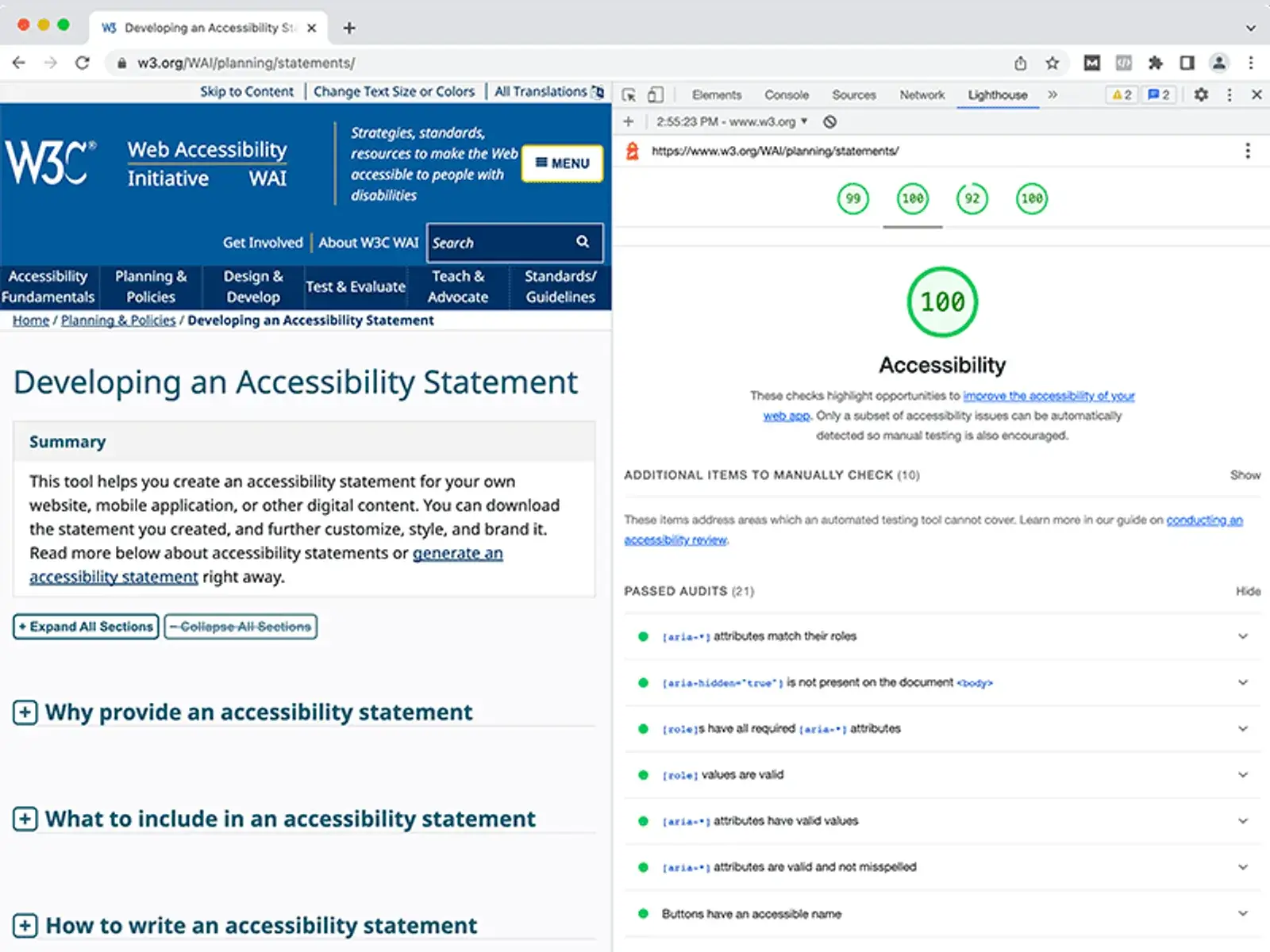 Web Accessibility Initiative by W3C and Google Lighthouse accessibility report
